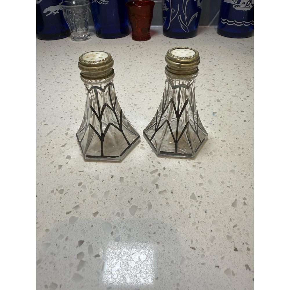 Vintage Art Deco Retro Glass Hexagon Clear Silver Salt And Pepper Shakers